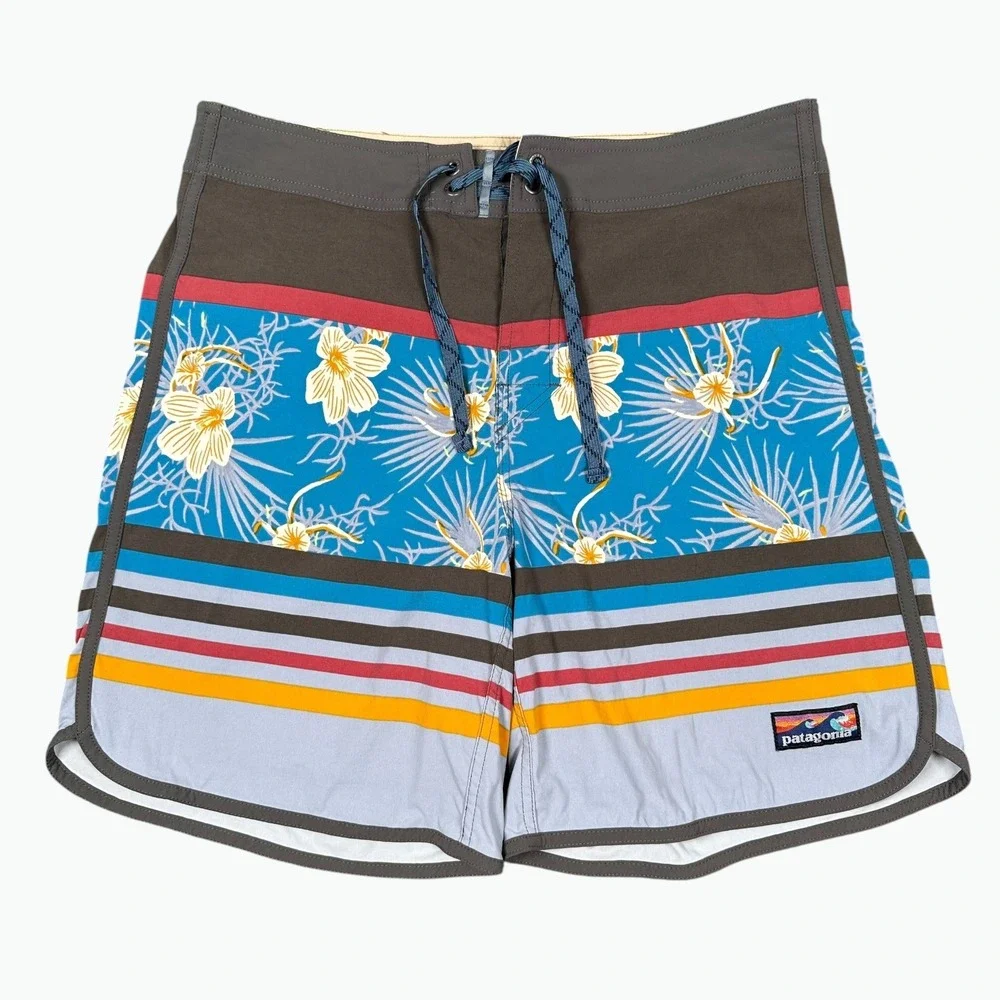 Patagonia Board Shorts Mens 32 Blue Multicolor Scallop Hem Floral Striped Print